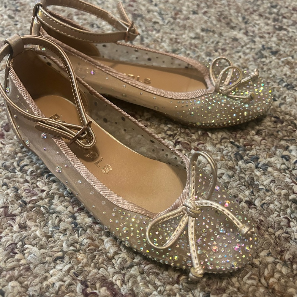 BCBGirls Girls Sparkling Nude Pink Ballet Flats with Ankle Strap